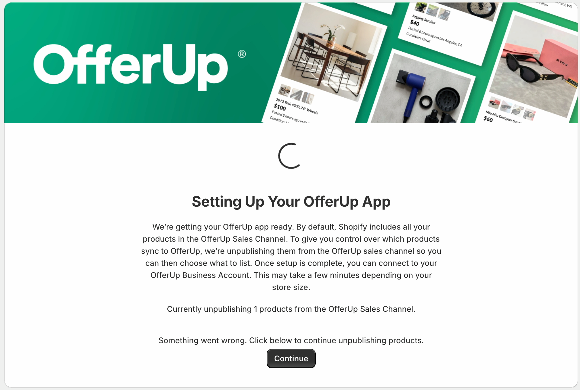Setting up your offerup app, something went wrong