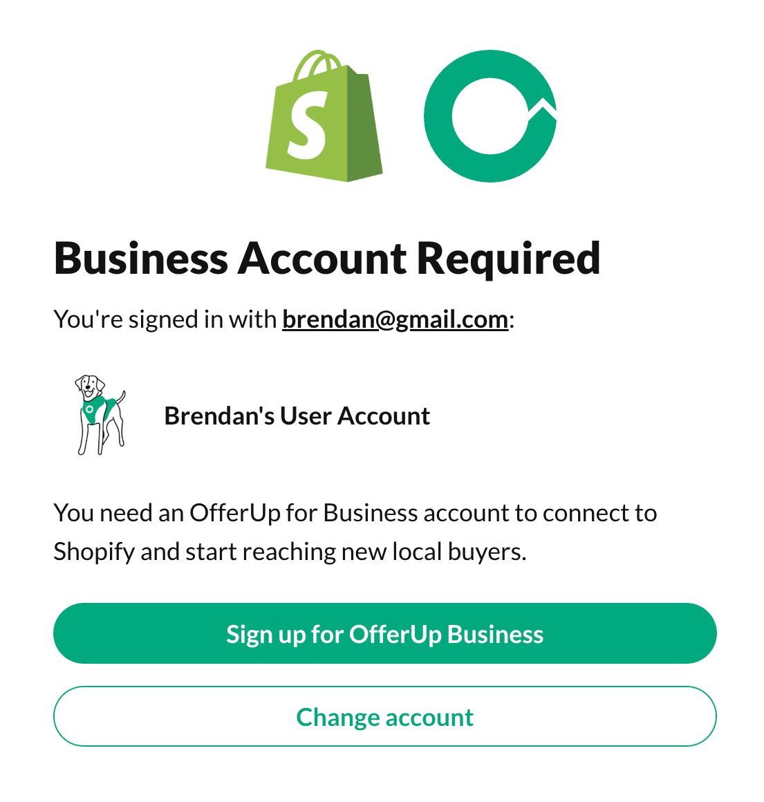 Business account required, sign up for OfferUp business or Change account.